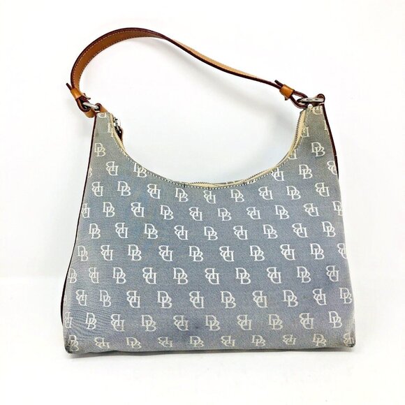 Dooney & Bourke Purse Gray Canvas Handbag Tan Leather Shoulder Strap Hobo Bag - Picture 2 of 12